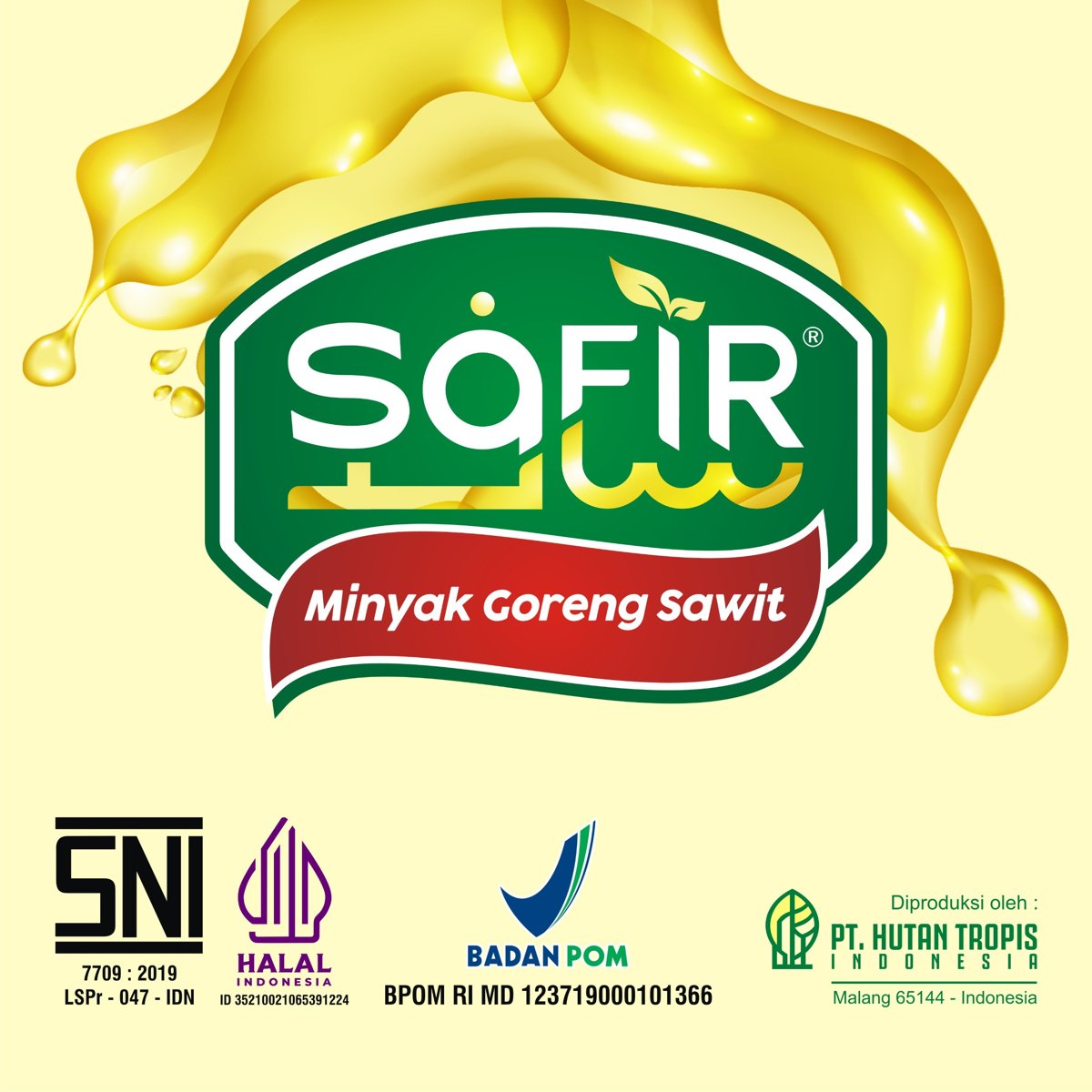 Kemasan SAFIR Minyak Goreng Sawit dengan logo SNI, Halal, dan BPOM